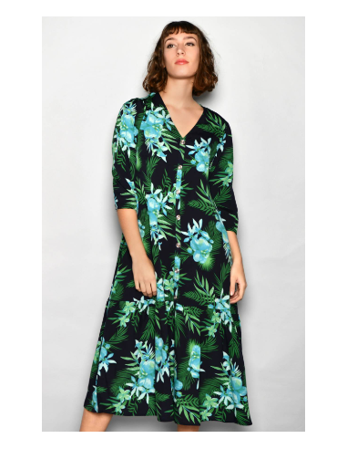 Long Navy Blue and Green Floral Dress